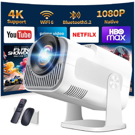 4K проєктор Beamer Full HD 1080P Android: портативний міні-проєктор з WiFi 6, Bluetooth 5.2, 270° поворотом, підтримкою PC/HDMI/USB, з пультом та мишкою, білий (Lotus White)