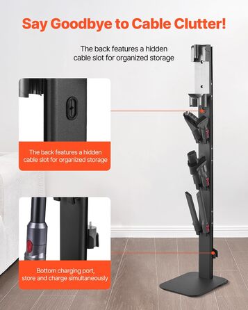Підставка для пилососа VEVOR 126 см, сумісна з Dyson G5 V15 V12 V11 V10 V8 V7 V6, з аксесуарами, 6 гачків, неслизькі підкладки, срібна (чорна платформа)