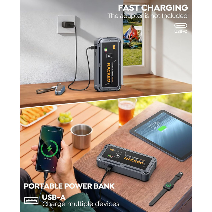 Powerbank Starthilfe 7000A: Зарядний пристрій для автомобіля, 12V, для бензинових та дизельних двигунів (до 10л), з кабелями та LED-ліхтариком, для авто, SUV, вантажівок, мотоциклів