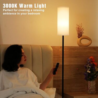 Стельова лампа PreeOtti для вітальні з LED-підсвічуванням, димер, керування пультом, 4 колірні температури, регулювання яскравості, сірий абажур з тканини, для вітальні, спальні, офісу