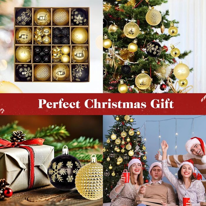 44 штуки новорічних кулі пластикові, прикраси для ялинки, набір кульок для ялинки, персоналізовані новорічні кулі білі та червоні, ялинковий декор, новорічний декор для дому та вулиці білий та червоний (золотий та чорний)