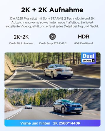 Автомобільний відеореєстратор VIOFO A229 Plus 2K + 2K Dual STARVIS 2, HDR, з голосовим керуванням, 5GHz Wi-Fi, GPS та Super Night Vision 2.0, 2.4