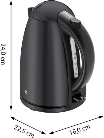 WMF Stelio Electric Kettle, Stainless Steel, 1.7L, Electric Kettle with Scale Filter, 2400 W, Illuminated Water Level Indicator, Matte Black Stainless Steel
