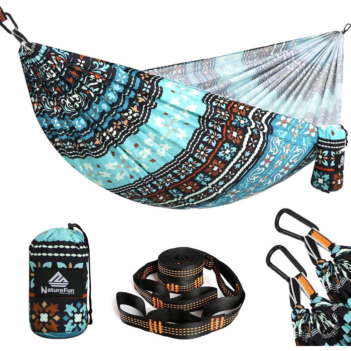 Гамак для кемпінгу NATUREFUN | Легкий, 300 кг, дихаючий, швидковисихаючий, нейлон, 2 карабіни, 2 петлі, армійний зелений (275 x 140 см, Богема)