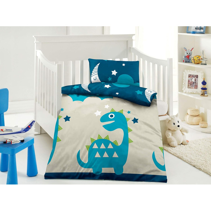 Комплект постільної білизни для ліжечка BaSaTex: 100x135 см, 40x60 см, 100% бавовна, дитячий, з принтом Місяць, Зірки, Динозавр, блакитний