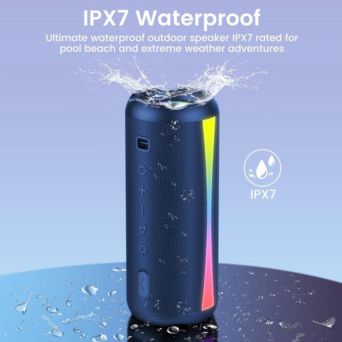 Портативна Bluetooth колонка 5.4 з RGB підсвіткою, водонепроникна IP7, чорний (Deep Blue). Гучний бас, 20 год автономії, гучний зв'язок. Для спорту та відпочинку.