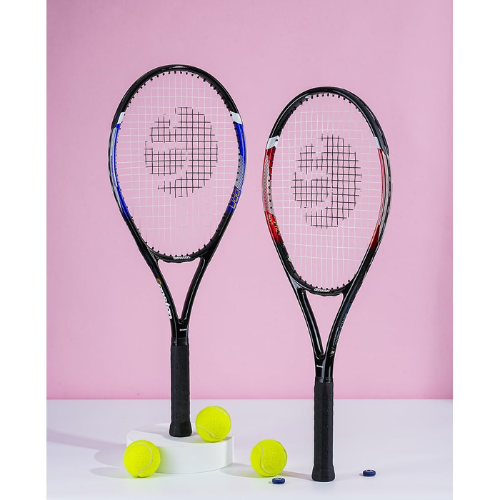 Senston Adult Tennis Racket Set - 2 Rackets, 3 Balls, 2 Grips, Vibration Dampeners (Red & Blue)