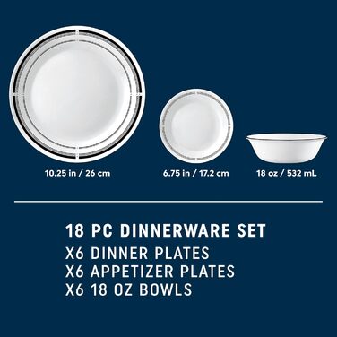 Сервіз Corelle на 6 осіб, 18 предметів, Vitrelle, морські смуги (чорний, геометричний)