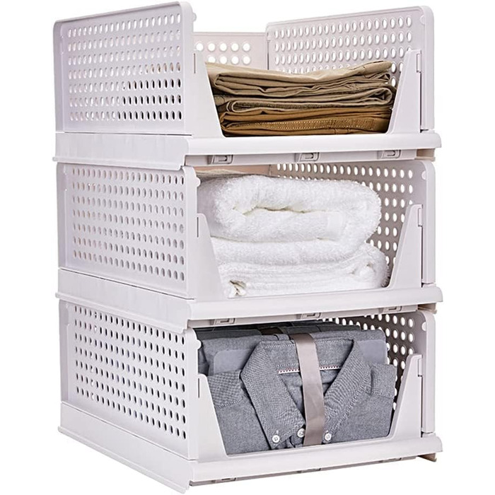 RAIN QUEEN 3-Piece Foldable and Stackable Closet Storage Boxes for Bedroom Clothes Storage Plastic Organizer Drawer (white)