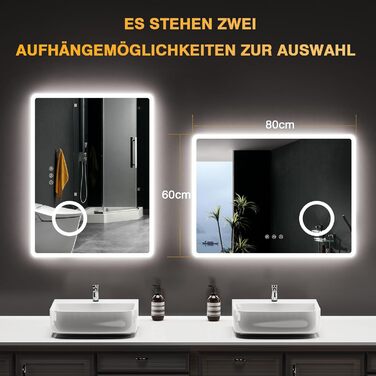 Дзеркало для ванної кімнати з підсвічуванням 80x60 см, 3 кольори, регулювання яскравості, протитуманне покриття, 3x збільшення, розетка для гоління, IP44, для горизонтального/вертикального монтажу
