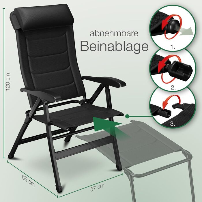 ELONEO Folding Camping Chair with Removable Footrest, Folding Chair Made of Aluminum, Folding Garden Chair, Reclining Chair with Adjustable Backrest, Camping Chair (Folding Chair with Footrest (with Premium Cushion), Black)