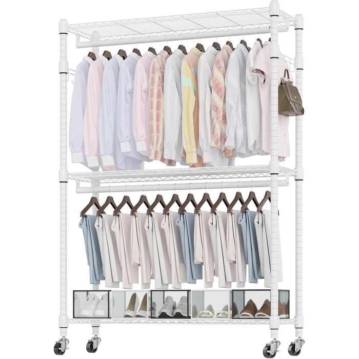 Double Clothes Rack/Garment Rod with Adjustable Shelves, Heavy-Duty Clothes Rack with 2 Hooks, Clothes Rack with Wheels, 90 * 42 * 205cm, White