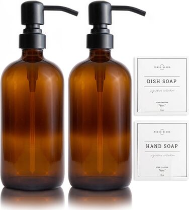 2-Pack Soap Dispenser Set for the Kitchen with Stainless Steel Pump, Amber Glass, 475ml, Hand Soap Dispenser for the Bathroom, Dish Soap Dispenser for the Kitchen with Waterproof Labels
