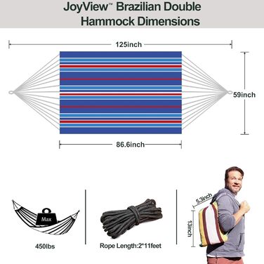 Гамак бразильський JoyView подвійний, бавовняний, 220x150 см, синій смугастий, до 204 кг, для тераси, саду, веранди