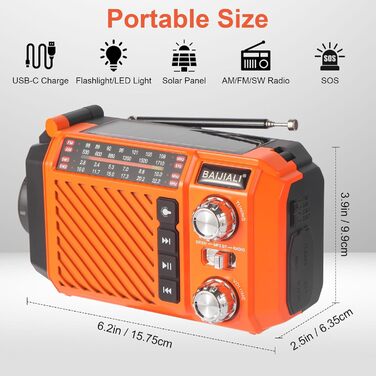 Радіо-приймач Kurbelradio з сонячною панеллю, Powerbank 2600mAh, AM/FM/SW, LED-ліхтарик та SOS-сигналом для екстрених ситуацій (Оранжевий)