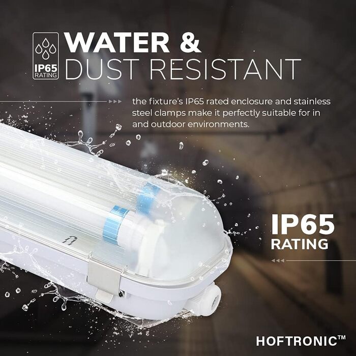 HOFTRONIC LED Damp-Proof Light 150cm Cold White 60W 10500lm Flicker-Free Linkable T8 Workshop Lamp IP65 Waterproof Basin Light Double for Garage, Cellar, Office (140lm/W, 3000K)