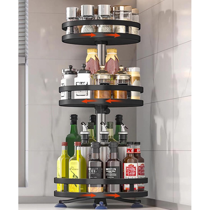 Організатор для спецій, поворотний на 360°, 3 яруси, з нержавіючої сталі, чорний