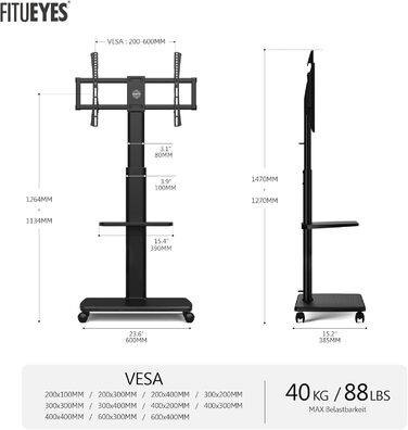 FITUEYES Rolling TV Stand with Wood Shelf - Adjustable Height & Swivel - Fits 32-70 inch TVs up to 40kg, VESA 400x600 - White/Black