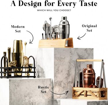Bare Barrel Pro Cocktail Set - 14 Piece Boston Shaker Set with Stand & Recipe Cards (Jet Black) 0.8L