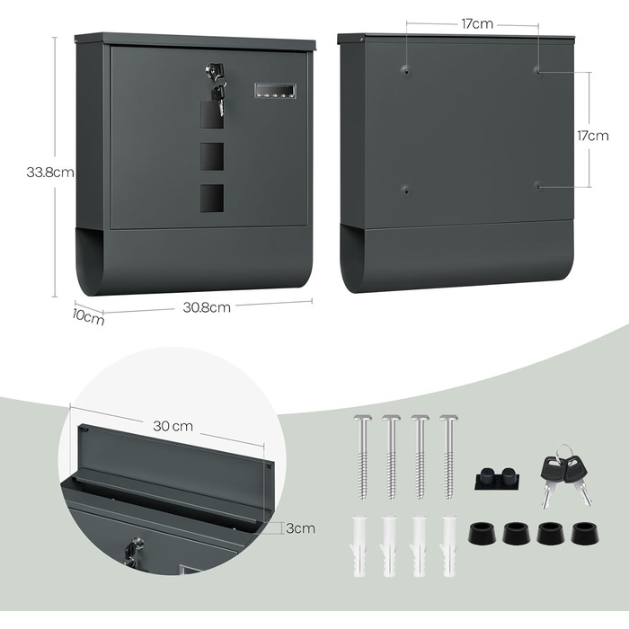 Поштовий ящик WOLTU з газетницею та вікном, замок, табличка для імені, вуличний, антрацит 37x37x10.5 см