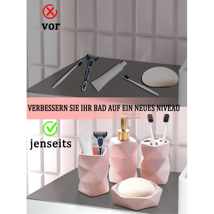 Набір для ванної кімнати 4 предмети, кераміка, рожевий: дозатор для мила, мильничка, стакан для зубних щіток, підставка для зубних щіток - декор для ванної