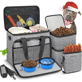 Сумка для собак у подорожі, схвалена авіаперевізниками, сіра сумка-переноска з двома складними мисками та кишенькою для ласощів