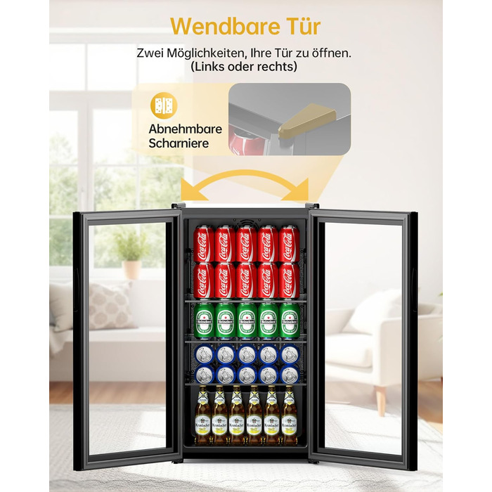 Міні-холодильник для напоїв WIE з подвійними скляними дверцятами, регульованими полицями, 86 літрів, 120 банок, для соди/пива, для дому/кухні/бару/офісу