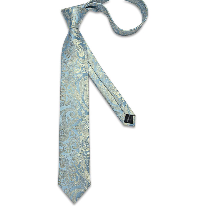 Чоловіча краватка DiBanGu з шовку, візерунок павлина та квіти, комплект: краватка, нагрудна хустинка, краваткова застібка, манжетні кнопки, класичний стиль, для весілля та свят (світло-золото-блакитний)