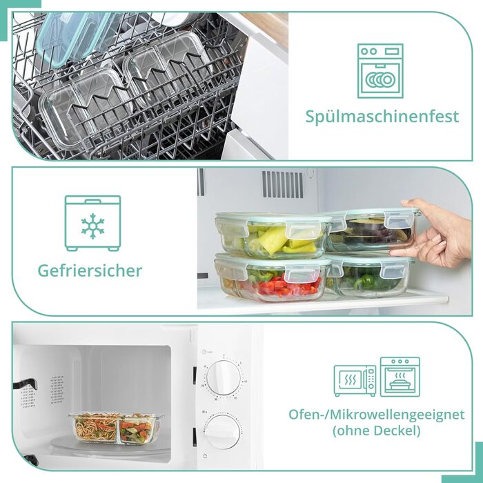 Контейнери для харчування Winter Shore скляні з 2 відділеннями (5 шт) - BPA-free, герметичні, для мікрохвильовки, морозилки та посудомийки (бірюзові)