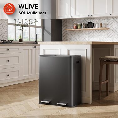 Відро для сміття WLIVE кухонне 30 л з системою сортування (2x15л), педаль, нержавіюча сталь, чорне - для кухні, ванної, офісу