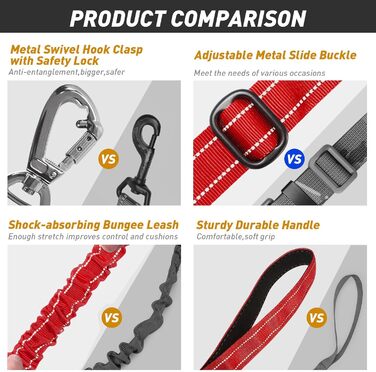 Тактична повідок для собак AUBELL, міцна, світловідбиваюча, без натягу, банджі-повідок для середніх та великих собак, з м'якою ручкою, авто-ремнем безпеки, обертання на 360°, зелена (M-L, червона)