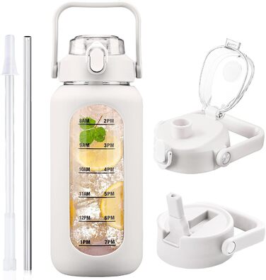 2L Glass Water Bottle with 2 Lids Flip and Tumble Lid 2 Liter Large Water Jug with Time Marker and Silicone Sleeve BPA-Free Leak-Proof for Sports Gym, (White)
