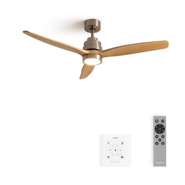 Стеляний вентилятор Windstylance з натурального дерева з підсвічуванням, Нікель, Wi-Fi, пульт ДК, 40W, тихий, Ø132 см, 6 швидкостей, таймер, DC-двигун, літньо-зимовий режим, дерев'яні лопаті, з лампою + вимикач