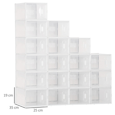 HOMCOM Set of 18 Modular Shoe Storage Boxes with Transparent Doors - Dimensions 25W x 35D x 19H cm | Aosom