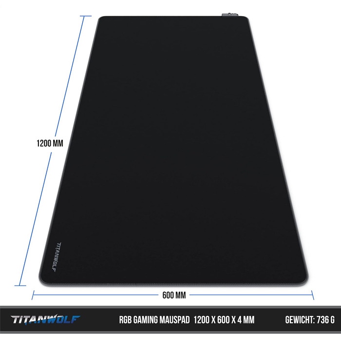 Ігровий килимок для миші TITANWOLF RGB XXL (800x300 мм) з LED-підсвіткою, 11 режимів освітлення, вологостійкий, чорний