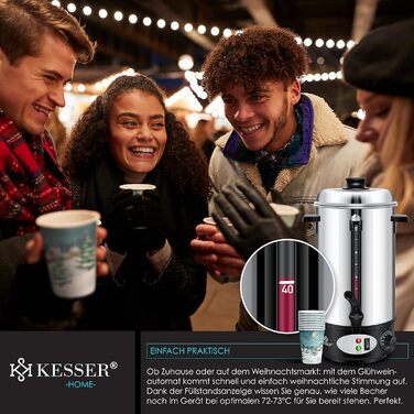 KESSER® Mulled Wine Boiler 8L Stainless Steel Incl. 10 Cups Mulled Wine Cooker with Thermostat Mulled Wine Dispenser Hot Beverage Dispenser Water Boiler Hot Water Dispenser Canning Device Level Indicator Tap Silver