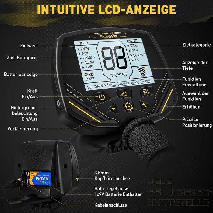 Металодетектор DD90 чорний з великою водонепроникною котушкою 14'' та LCD-дисплеєм, 4 режими, висока чутливість