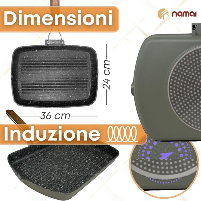 Гриль-пательня NAMAI алюмінієва лита 36x24 см, антипригарна, для газового гриля, придатна для посудомийної машини, Made in Italy