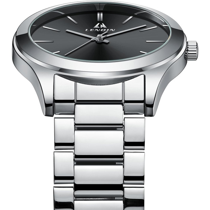 Годинник чоловічий LENQIN з нержавіючої сталі, аналоговий кварцовий годинник, водостійкий (30м), для бізнесу та повсякденного носіння, срібно-чорний (02)