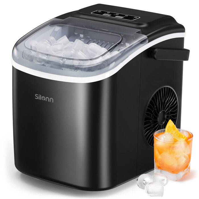 Машина для льоду Silonn, 1.2л, 12 кг/добу, 2 розміри кубиків, самоочищення, для дому, офісу, бару, чорна