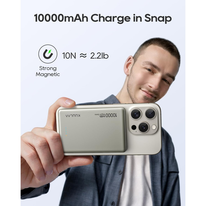 Power Bank Kuulaa MagSafe 10000 mAh, 20W, Тонкий, Магнітний, для iPhone, Space Grey (Natural Titanium)