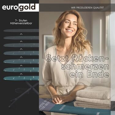 Прасувальна дошка EUROGOLD® XXL 120x42 см з розеткою для парогенератора – стабільна, регульована по висоті (зелена)