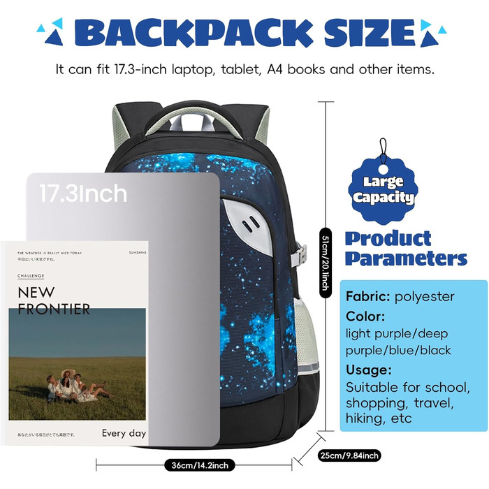 Шкільний рюкзак для підлітків 46L, рюкзак для школи, гімназії, старшої школи з нагрудним ременем, світловідбиваючими елементами, відділенням для 17.3' ноутбука, чорний (Casual-5255)