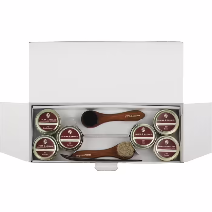 Langer & Messmer Shoe Care Set including high-quality leather care creams and horsehair brushes for effective care of your smooth leather shoes - The shoe care set for professional shoe care.