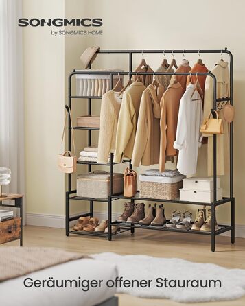 SONGMICS Стійка для одягу, відкрита шафа, вішалка для одягу з 7 полицями, металевий каркас, перекладина для одягу, для спальні, вітальні, передпокою, чорна HSR182B01, чорний, 115,8 см