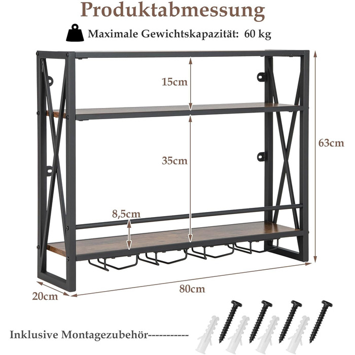 Стеллаж для вина COSTWAY на 3 яруси з дерева та металу, з тримачами для 4 рядів келихів, індустріальний дизайн, для дому, бару, кухні, ресторану