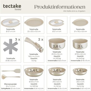 Набір посуду Tectake 16 предметів для індукції з керамічним антипригарним покриттям: каструлі, сковороди, кришки. Знімні ручки.