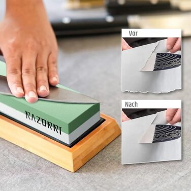 Набір алмазних точильних каменів Razorri (400/1000, 3000/8000 grit) з правильним каменем, кутовою наставкою, бамбуковою основою та шкіряним ременем для заточування та полірування металевих лез. Преміум-набір