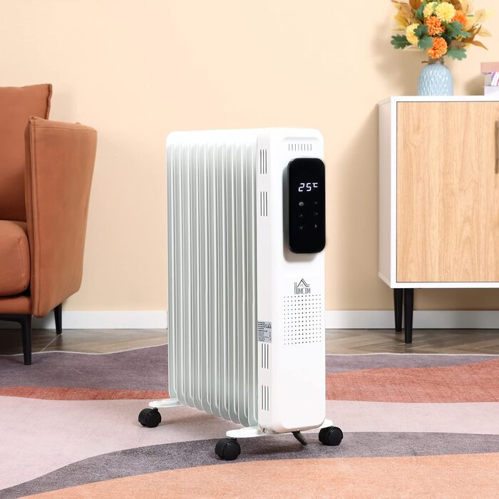 HOMCOM Портативний масляний радіатор з електронагрівом, 2500W, 3 режими, таймер, 11 секцій, білий, сталь, 50.5 x 24 x 63 см
