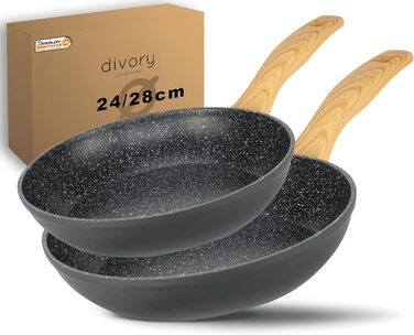DIVORY Набір сковорідок 2 шт. (24, 28 см) з антипригарним покриттям для всіх плит – універсальні сковороди з безпечними ручками, придатні для миття в посудомийній машині (ручки: світле дерево)